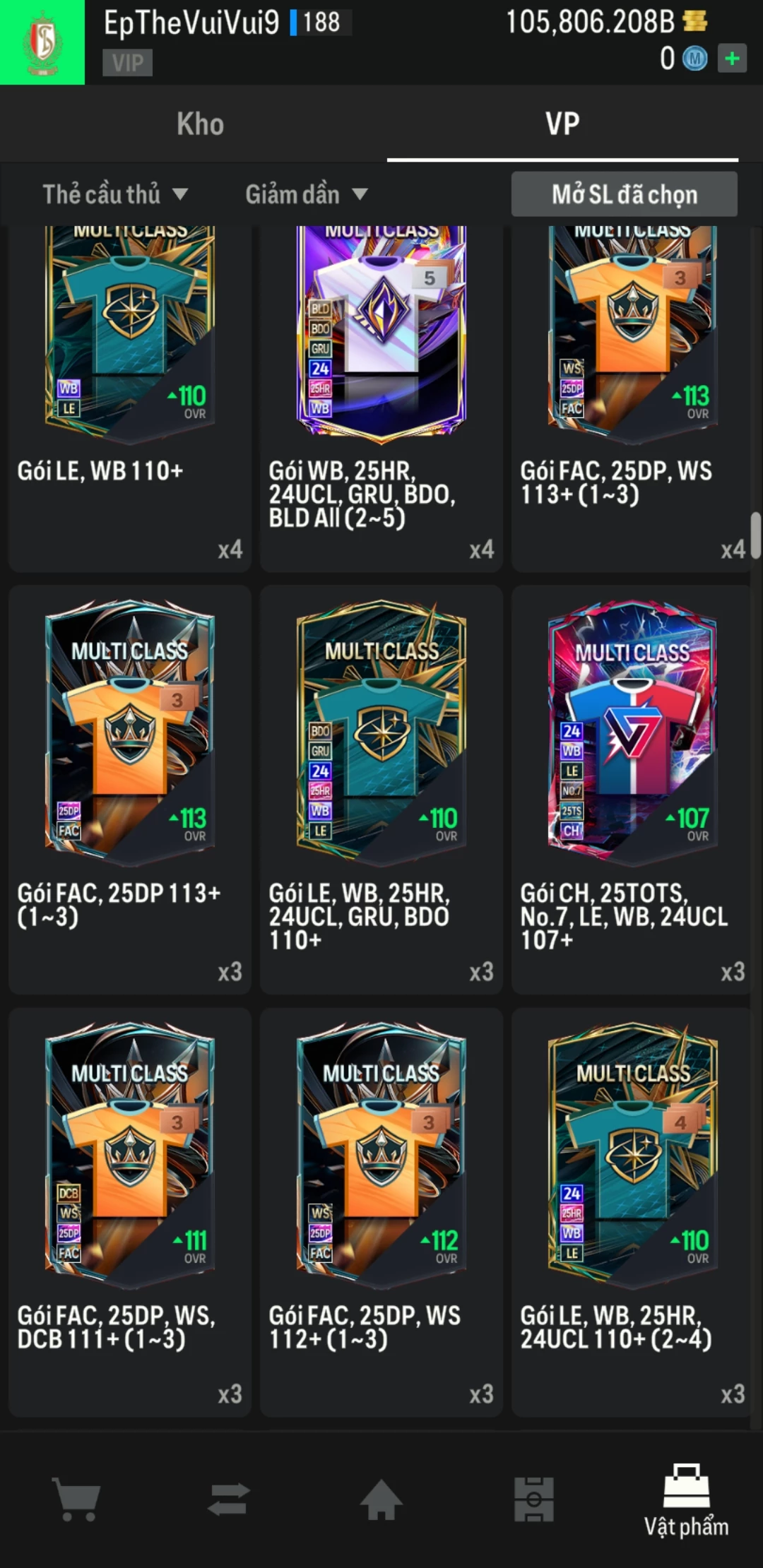 Ảnh ACC mở thẻ (LOẠI SVIP PROMAX) bao gồm có 01 thẻ +12, 03 thẻ PRIME (QH+, CP+, XS+) và hơn 1500+ đến 1600+ thẻ cầu thủ từ Siêu sao đến Miền núi các loại. Acc có sẵn BP trắng từ 90.000 tỷ BP đến 110.000 tỷ BP kèm theo nhiều ngày SVIP